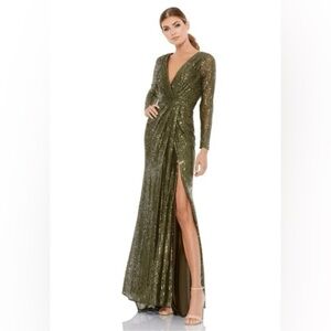 MacDuggal Ieena olive green sequin full length long sleeve high slit gown. 6